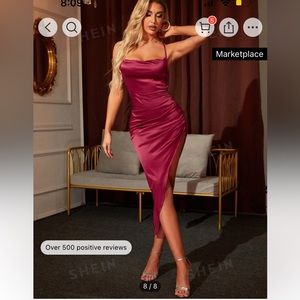 SHEIN PARTHEA Criss Cross Tie Back Ruched Split Thigh Satin Cami Dress, Burgundy